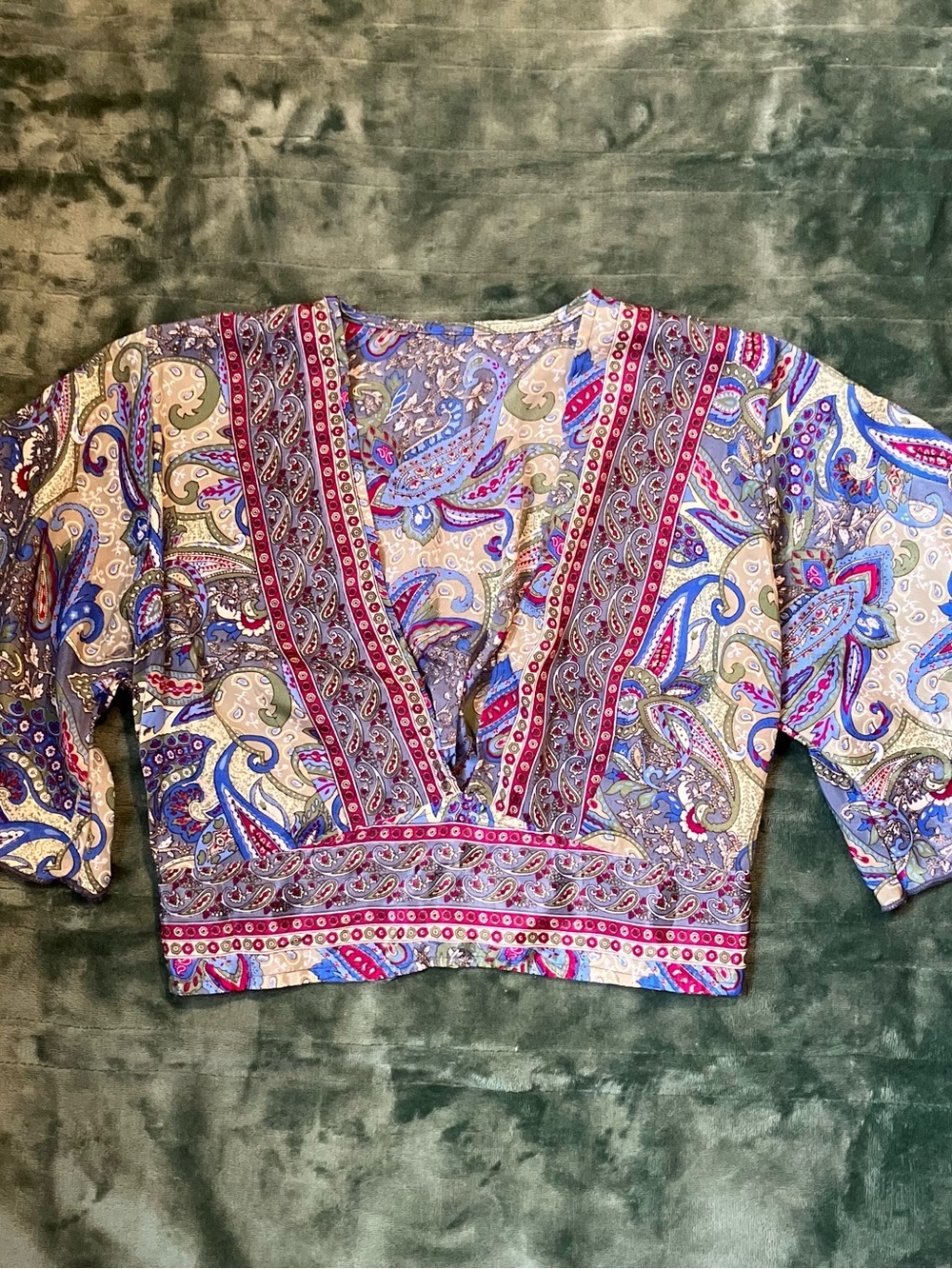 Silk Paisley V-Neck Cropped Blouse in Multicolor